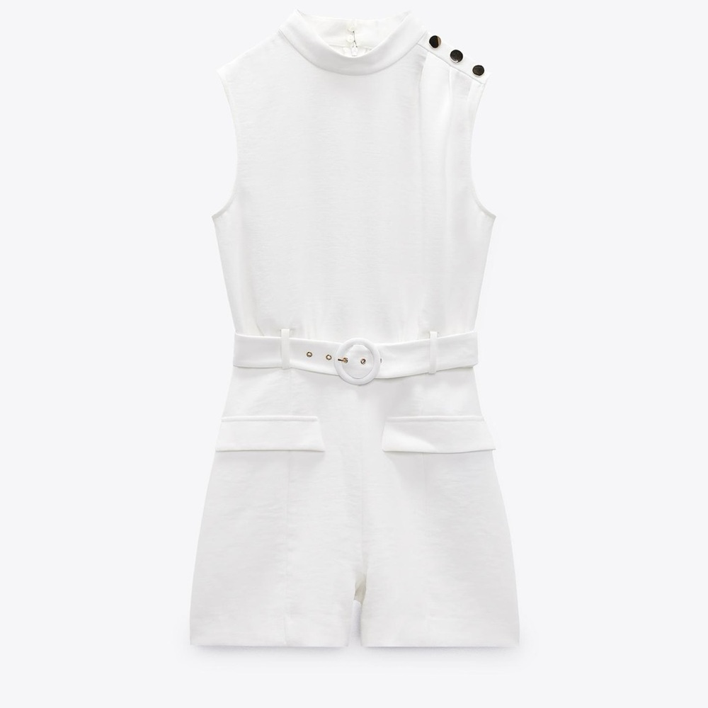 Zara White Sleeveless Jumpsuit with Belt